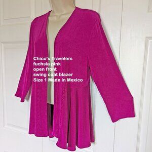 Chico's Travelers fuchsia pink open front swing coat blazer, Sz 1 Made in Mexico